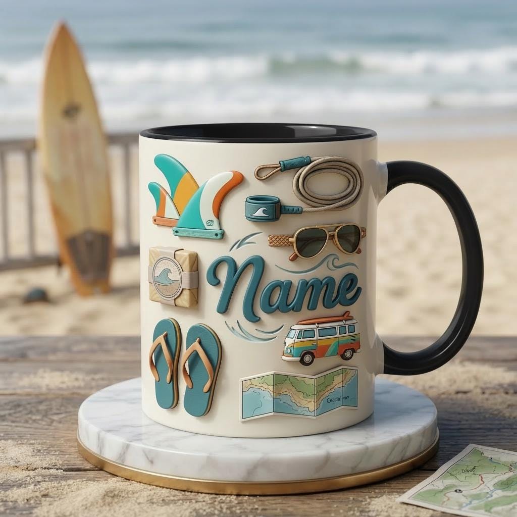 Surfing Coffee Mug 3D, Faux 3D Design, Custom Name, Beach Van Art