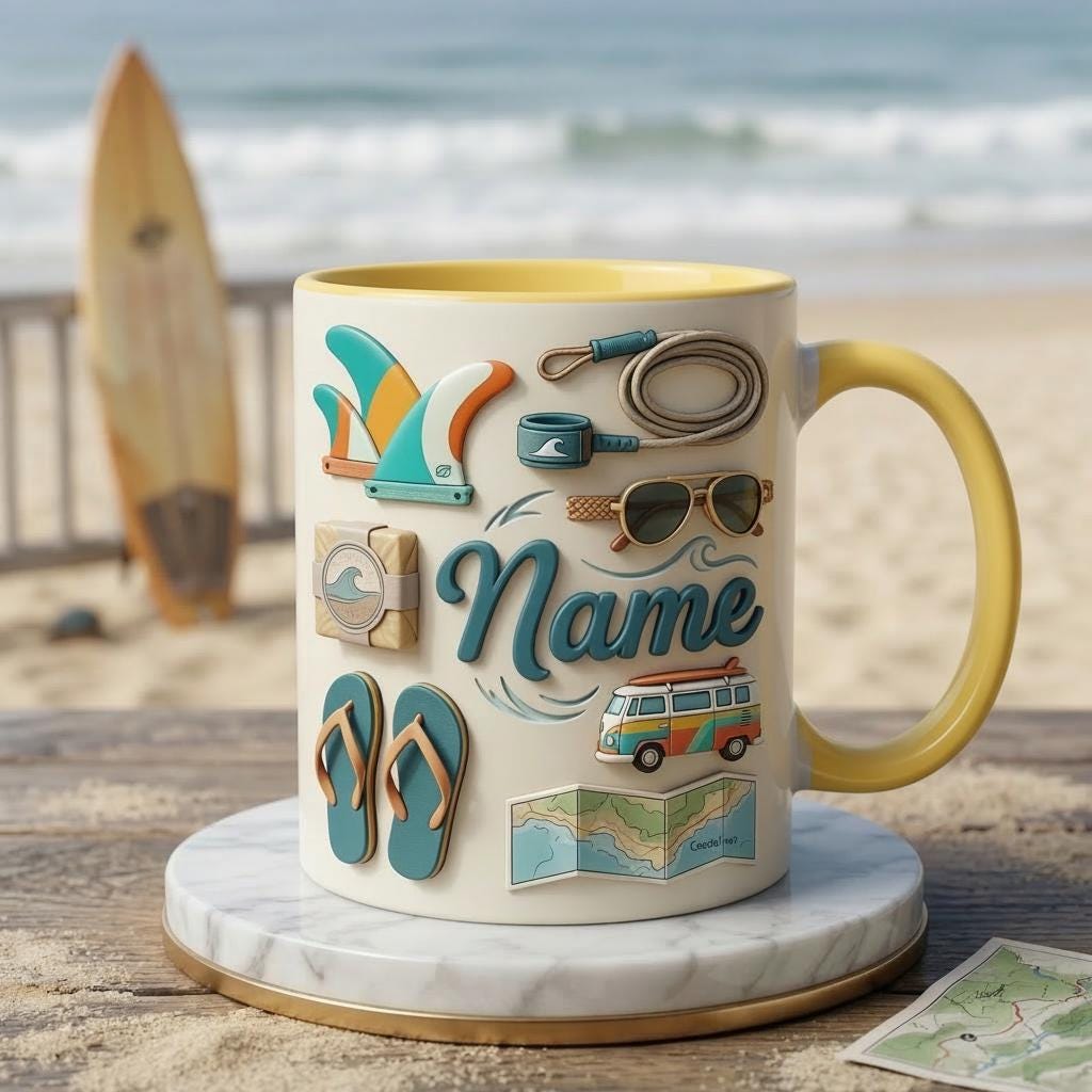 Surfing Coffee Mug 3D, Faux 3D Design, Custom Name, Beach Van Art