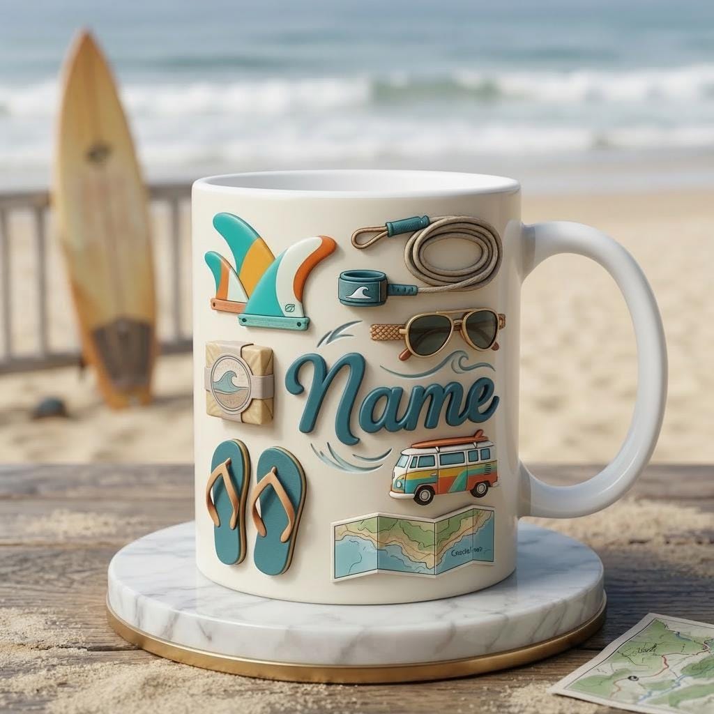 Surfing Coffee Mug 3D, Faux 3D Design, Custom Name, Beach Van Art