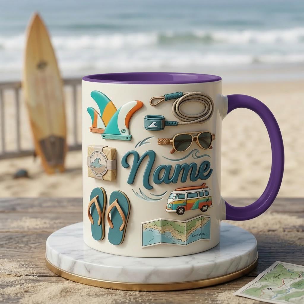 Surfing Coffee Mug 3D, Faux 3D Design, Custom Name, Beach Van Art