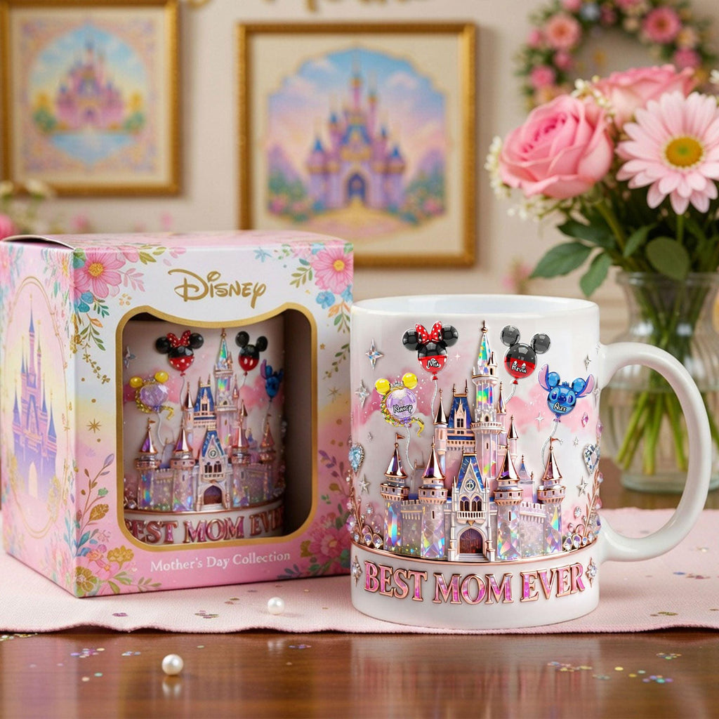 Best Mom Ever Castle Mug, 3D EFFECT Accent Mug, Personalized Disney Inspired Mom Mug with Kids Names, Magical Mom Gift, Mother’s Day Gift