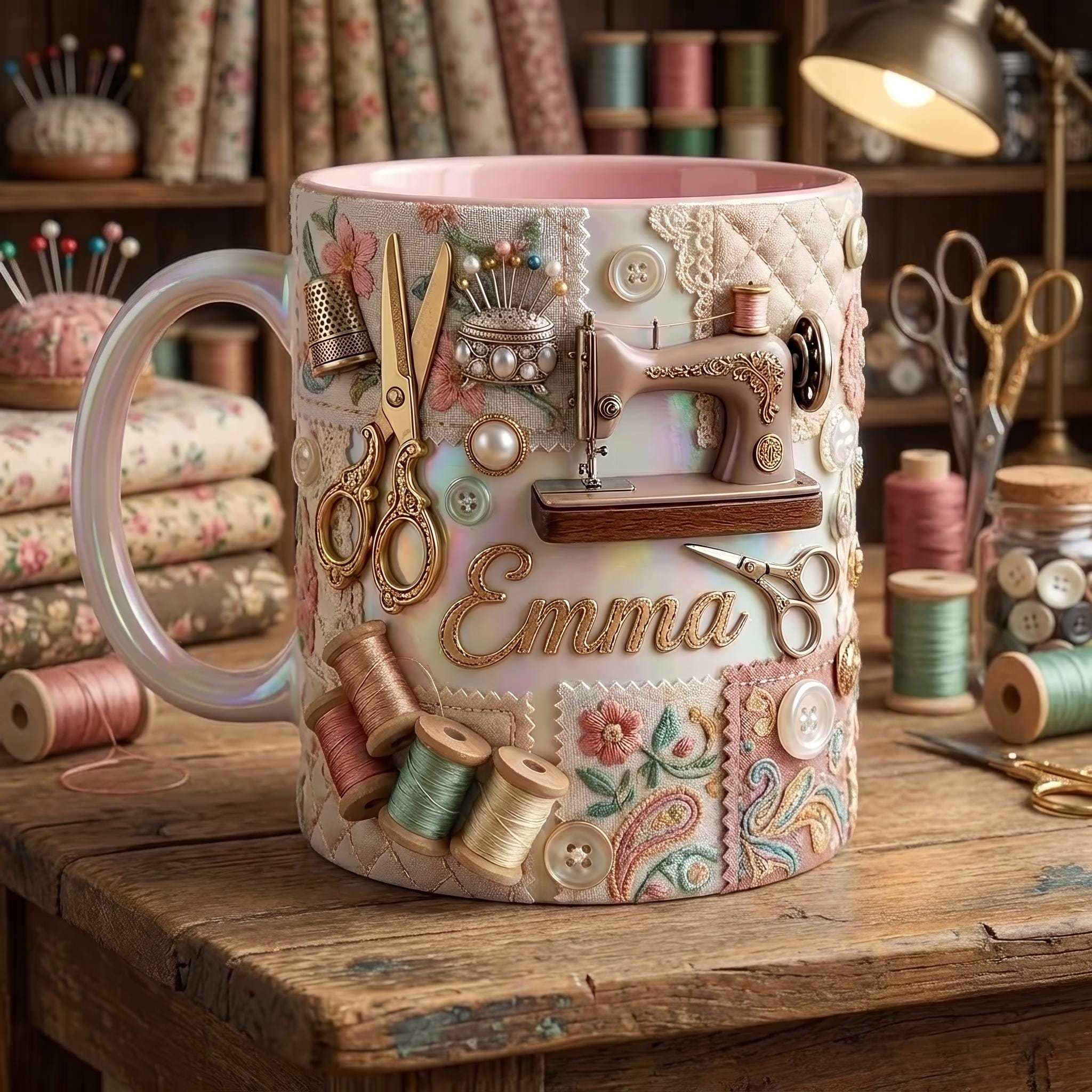 Personalized Sewing Mug Custom Name Craft Coffee Cup Sewing Machine Design