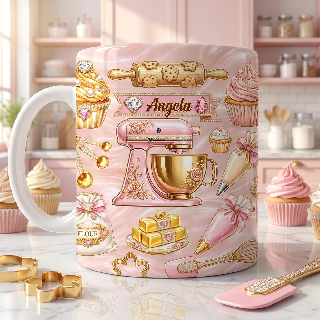 Personalized Baking Mug, Custom Name Baker Coffee Cup, Pink Kitchen Cupcake Design