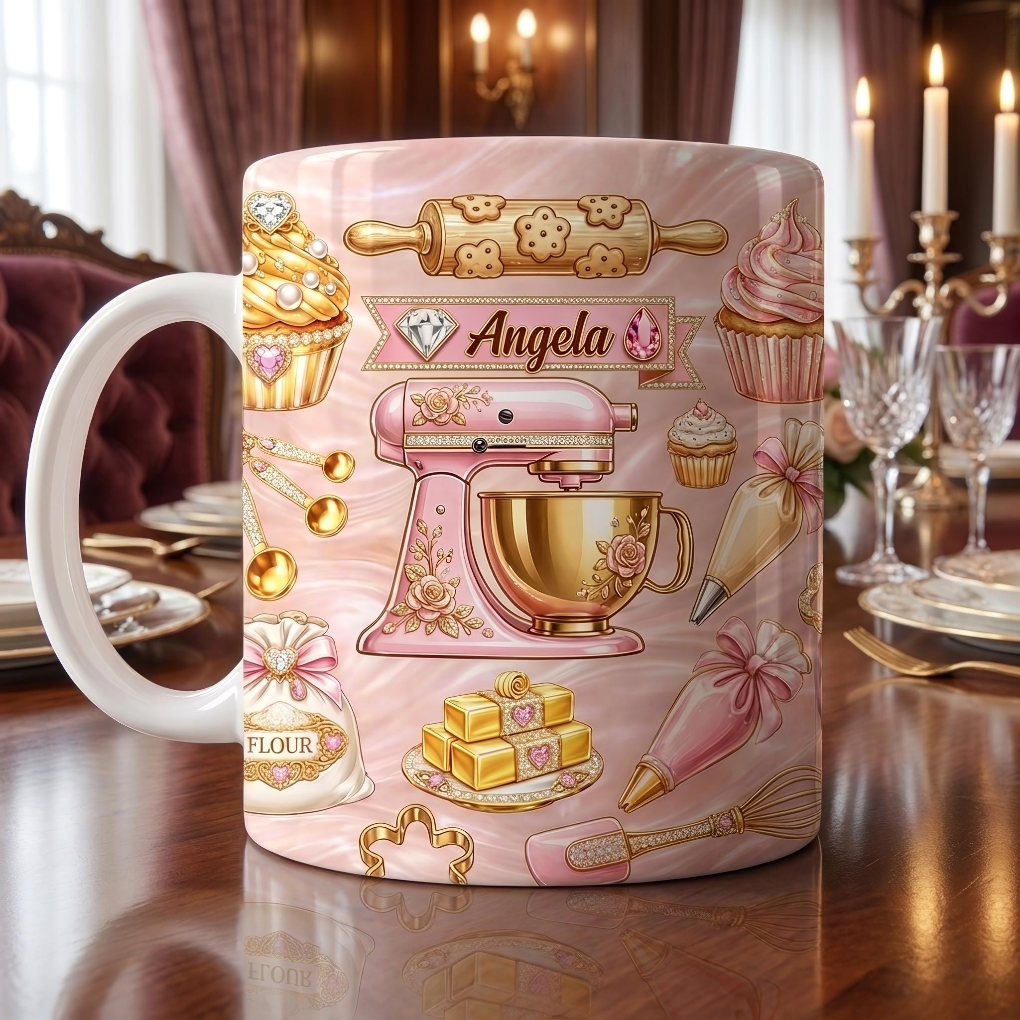 Personalized Baking Mug, Custom Name Baker Coffee Cup, Pink Kitchen Cupcake Design